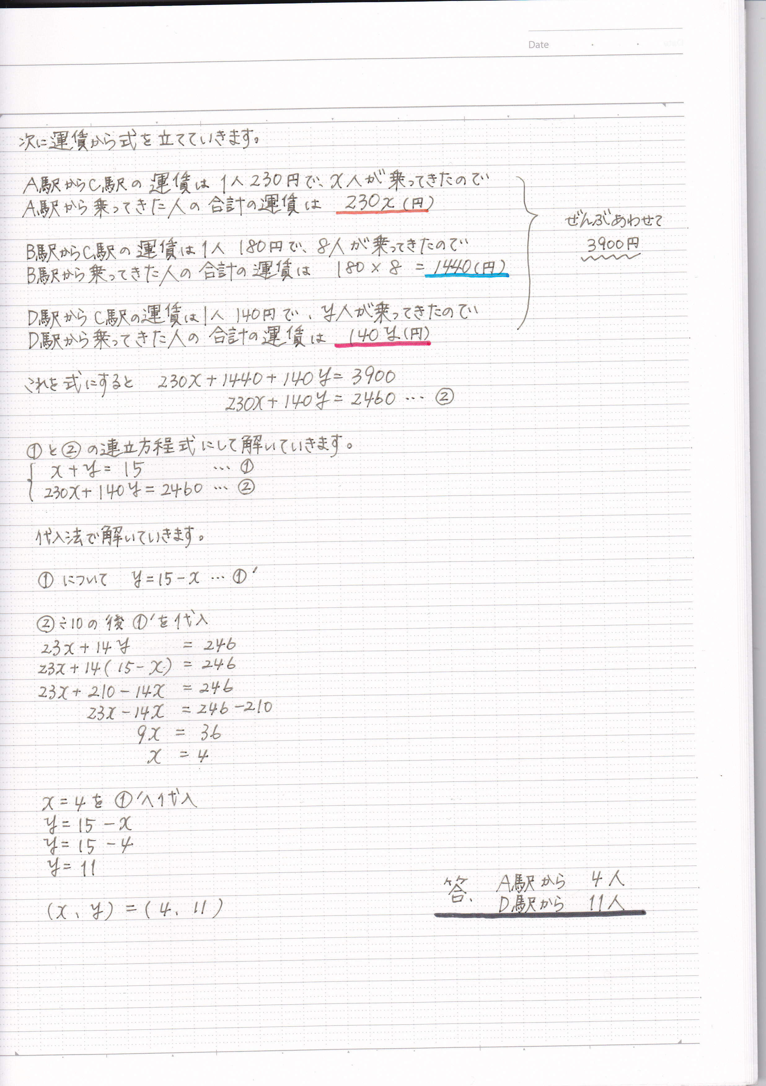 連立方程式の利用の問題の解き方 運賃の問題 1 現役塾講師のわかりやすい中学数学の解き方