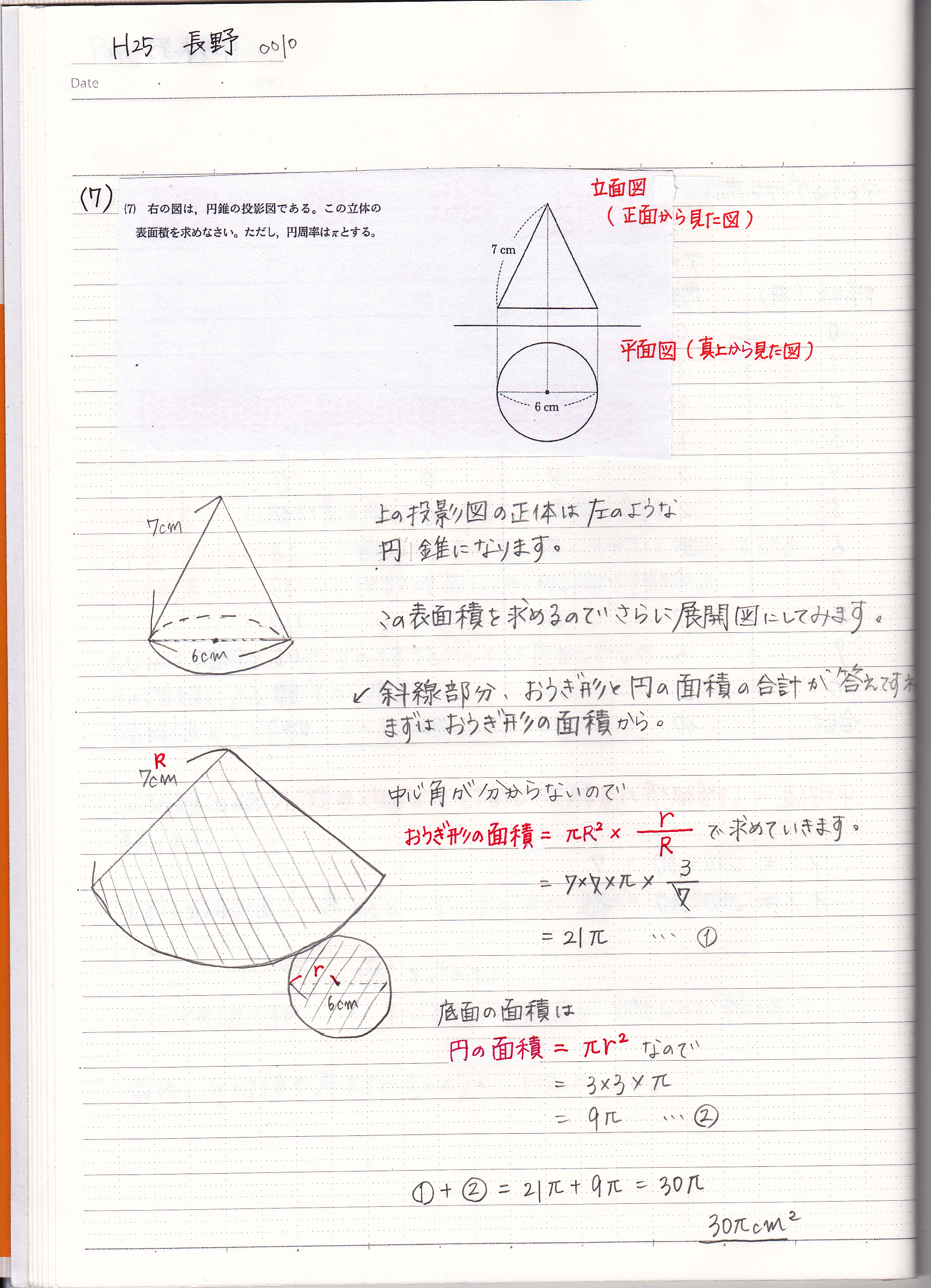 平成25年長野県立高校 入試問題 投影図から円錐の表面積を求める問題 現役塾講師のわかりやすい中学数学の解き方